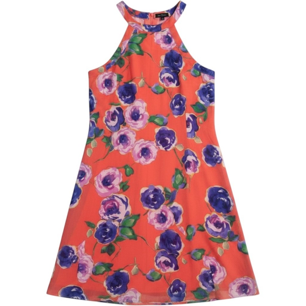 Betsey Johnson Womens Floral Shift Dress 8 Coral Purple Halter Neck Whimsigoth